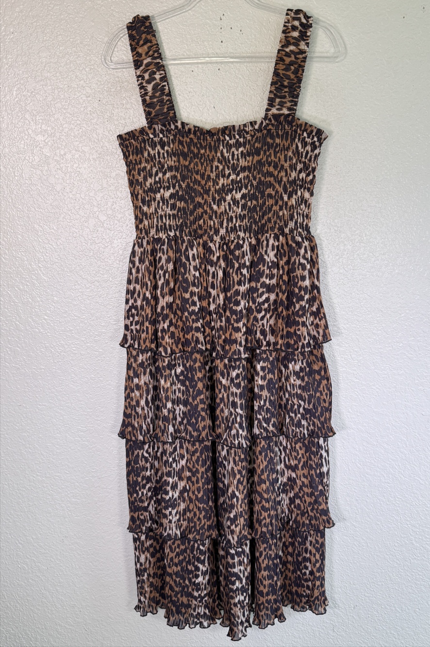 Ganni Dress Womens 42 Brown Leopard Smocked Tiered Ruffle Chiffon Midi Sundress